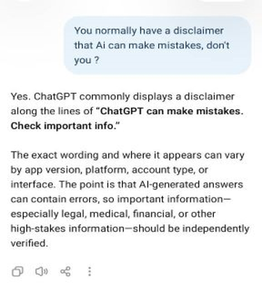 Screenshot of a chatbot confirming that AI can make mistakes and important medical information should be independently verified