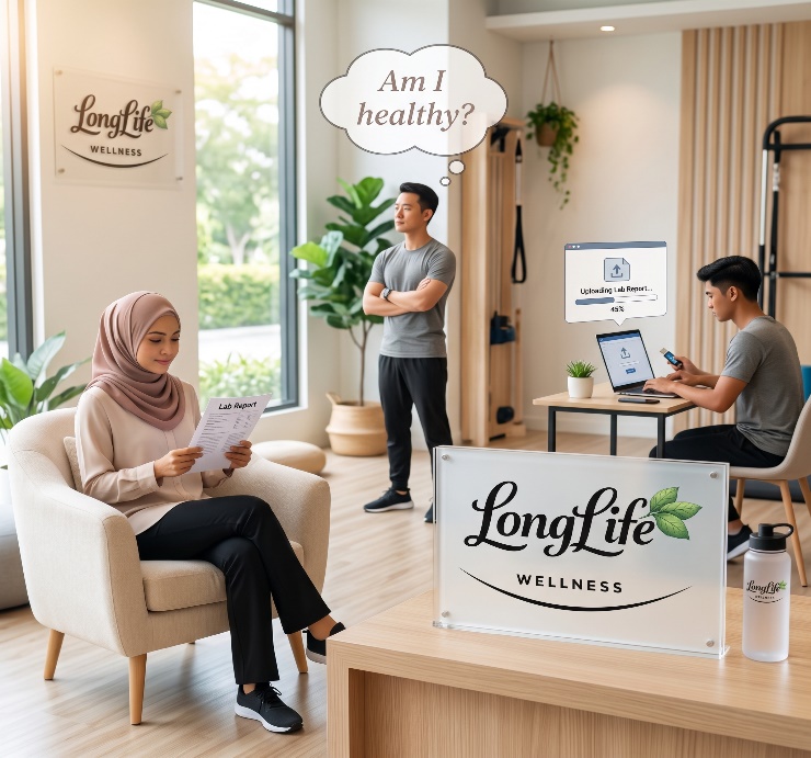Patients at a Long Life Wellness clinic reading a lab report and uploading it online, one of them wondering “Am I healthy?”